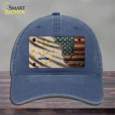 Rhode Island/American Flag Novelty License Plate Hat Unconstructed Cotton / Navy