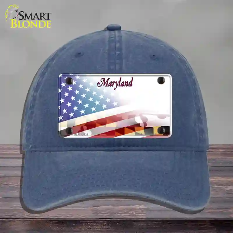 Maryland State with American Flag Novelty License Plate Hat Unconstructed Cotton / Navy