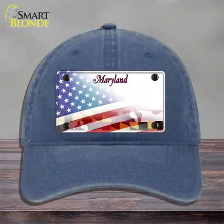 Maryland State with American Flag Novelty License Plate Hat Unconstructed Cotton / Navy