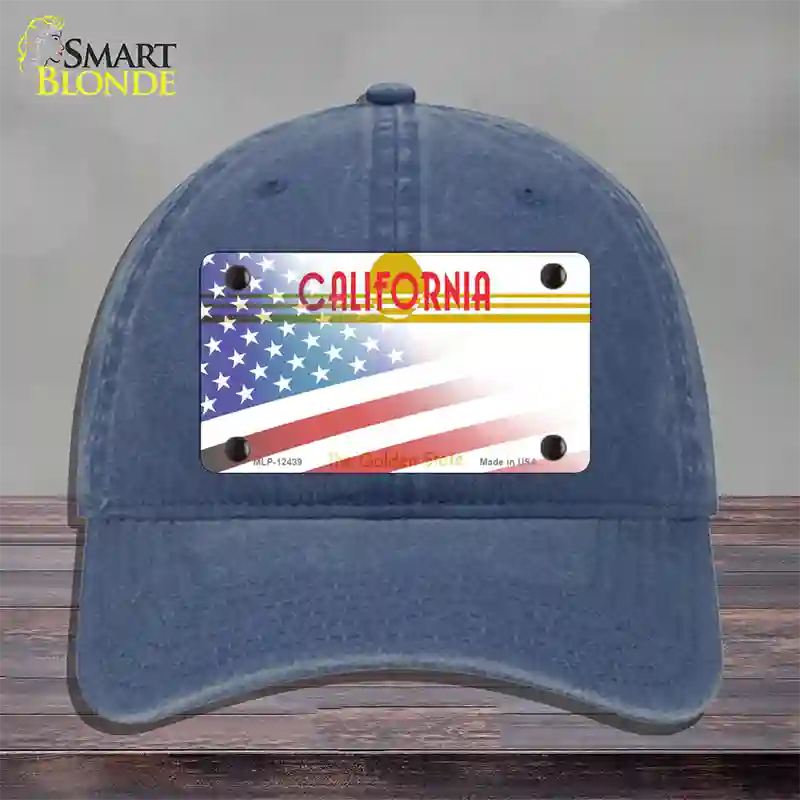 California Golden with American Flag Novelty License Plate Hat Unconstructed Cotton / Navy