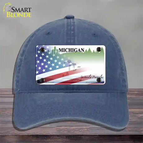 Michigan Peninsulas Plate American Flag Novelty License Plate Hat Unconstructed Cotton / Navy