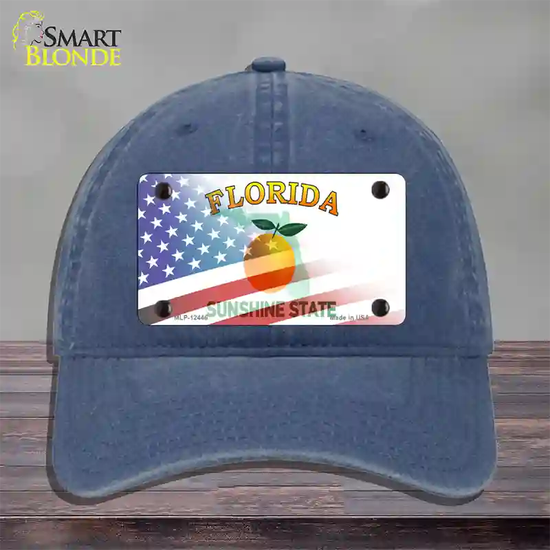 Florida Orange with American Flag Novelty License Plate Hat Unconstructed Cotton / Navy