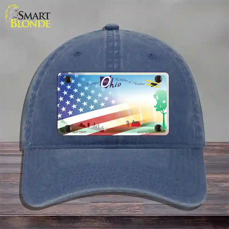 Ohio Birthplace with American Flag Novelty License Plate Hat Unconstructed Cotton / Navy