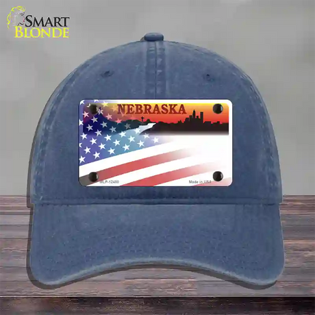 Nebraska Amber with American Flag Novelty License Plate Hat Unconstructed Cotton / Navy