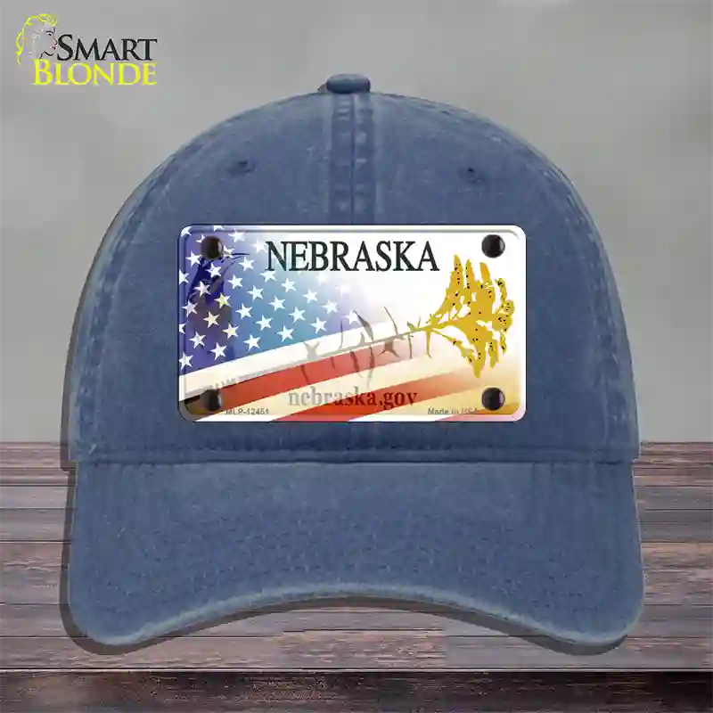 Nebraska Plate American Flag Novelty License Plate Hat Unconstructed Cotton / Navy