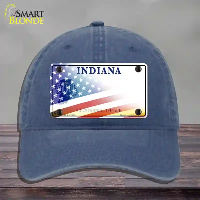 Indiana Bicentennial with American Flag Novelty License Plate Hat Unconstructed Cotton / Navy