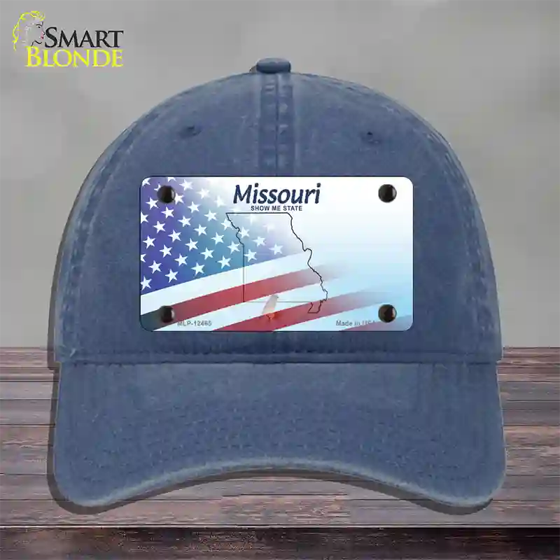 Missouri Show Me with American Flag Novelty License Plate Hat Unconstructed Cotton / Navy