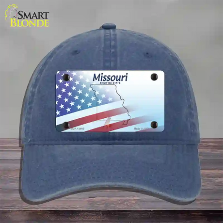 Missouri Show Me with American Flag Novelty License Plate Hat Unconstructed Cotton / Navy