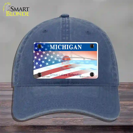 Michigan Splendor with American Flag Novelty License Plate Hat Unconstructed Cotton / Navy