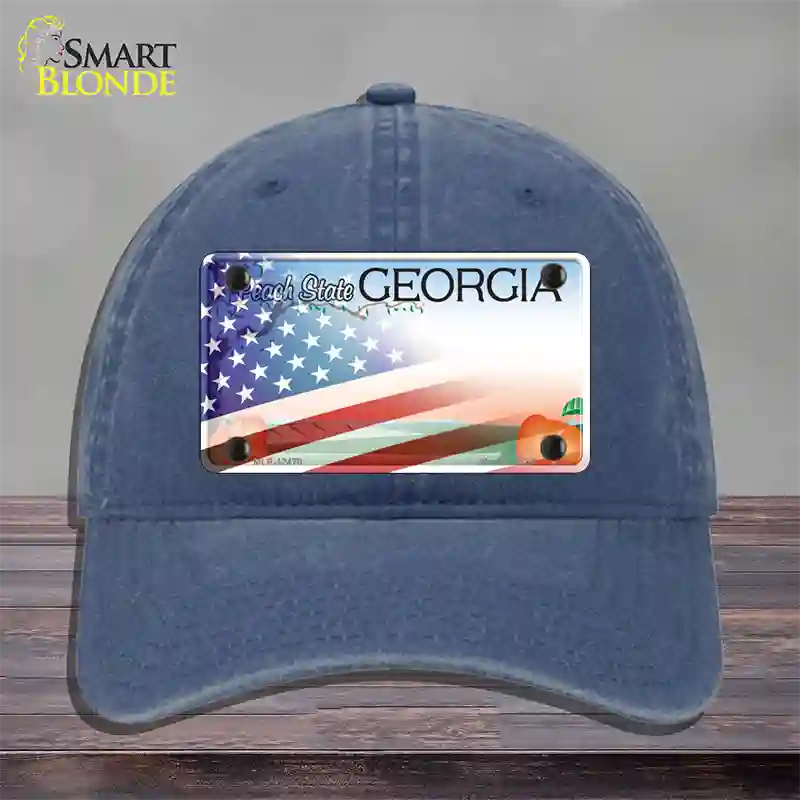 Georgia Peach with American Flag Novelty License Plate Hat Unconstructed Cotton / Navy