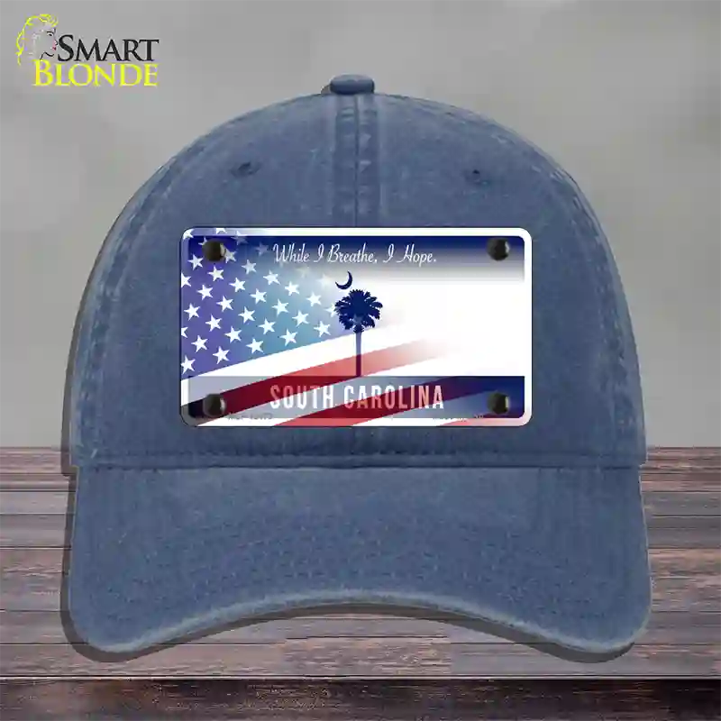 South Carolina Blue with American Flag Novelty License Plate Hat Unconstructed Cotton / Navy