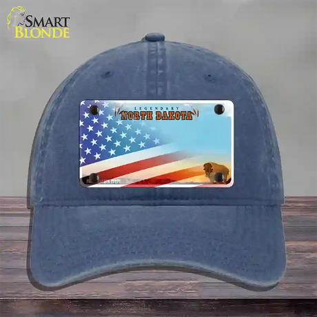 North Dakota Legendary with American Flag Novelty License Plate Hat Unconstructed Cotton / Navy