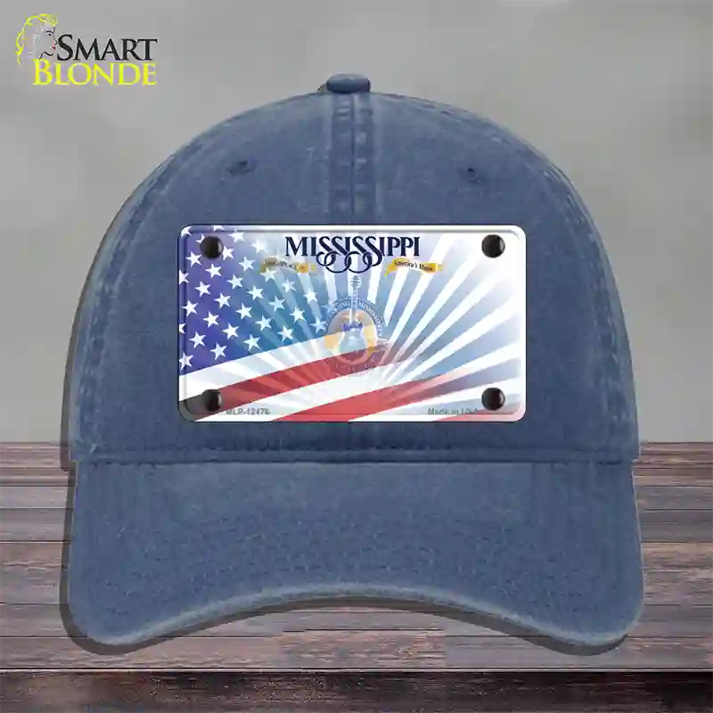 Mississippi Blue with American Flag Novelty License Plate Hat Unconstructed Cotton / Navy