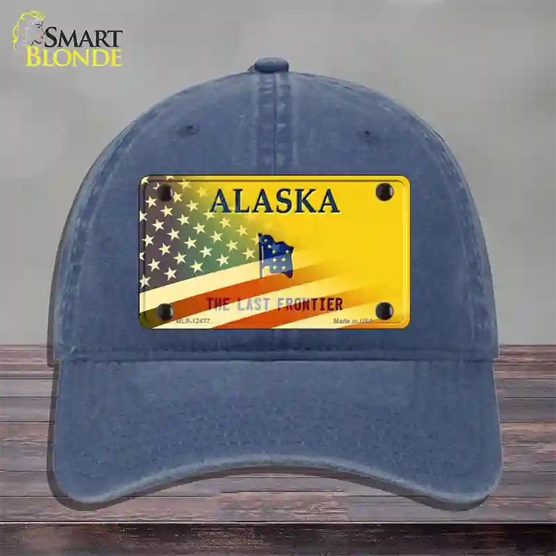 Alaska State Blank Novelty License Plate Hat Unconstructed Cotton / Navy / Alaska Frontier (9509):https | Half American Flag | Yes