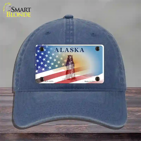 Alaska State Blank Novelty License Plate Hat Unconstructed Cotton / Navy / Alaska Bear (9511):https | Half American Flag | Yes