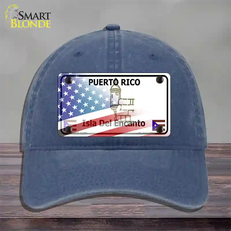 Puerto Rico with American Flag Novelty License Plate Hat Unconstructed Cotton / Navy