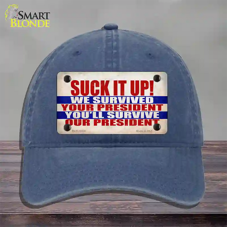 Suck It Up We Survived Novelty License Plate Hat Unconstructed Cotton / Navy