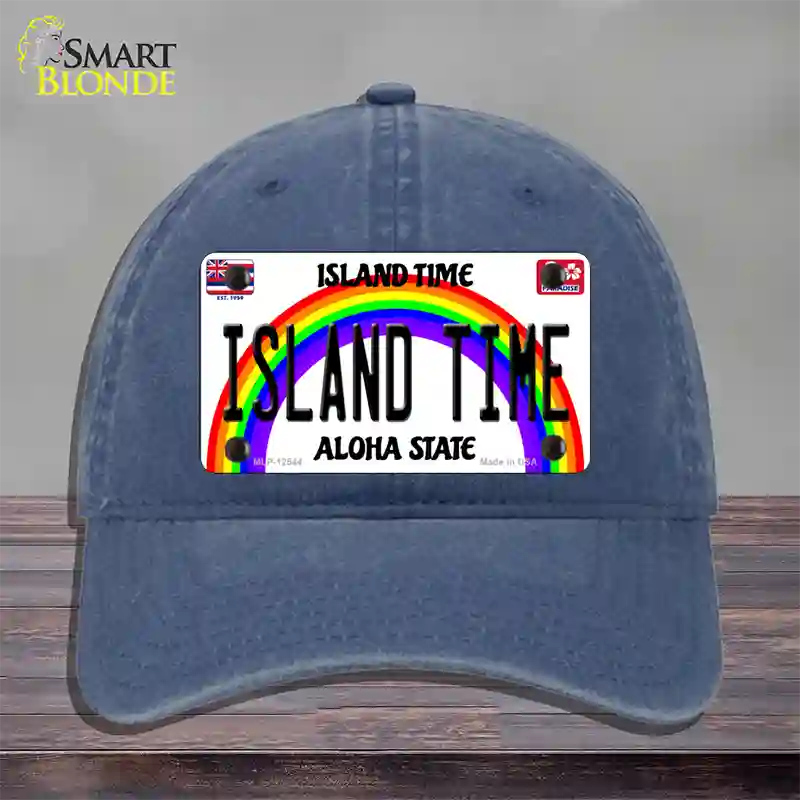 Island Time Hawaii Novelty License Plate Hat Unconstructed Cotton / Navy