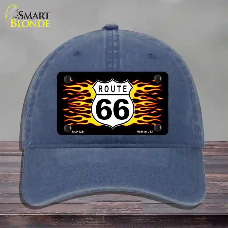 Route 66 Flames Novelty License Plate Hat Unconstructed Cotton / Navy