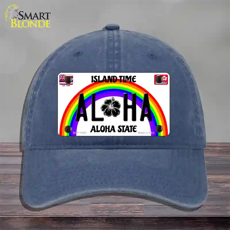 Aloha Hawaii Island Time Novelty License Plate Hat Unconstructed Cotton / Navy