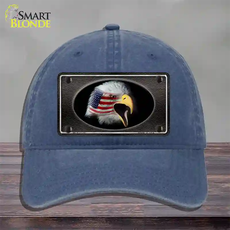 American Flag Eagle Black Novelty License Plate Hat Unconstructed Cotton / Navy