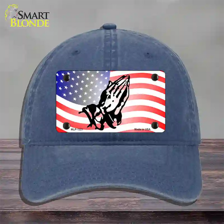 American Flag Praying Hands Novelty License Plate Hat Unconstructed Cotton / Navy