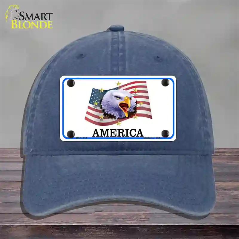 Waving Flag Bald Eagle Novelty License Plate Hat Unconstructed Cotton / Navy