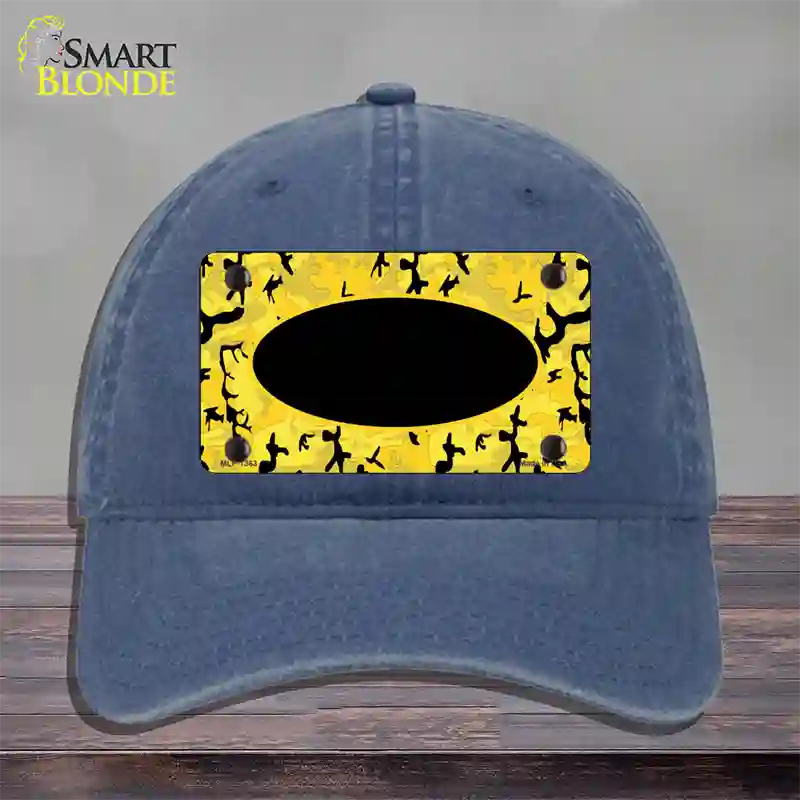 Yellow Black Camouflage With Black Center Oval Novelty License Plate Hat Unconstructed Cotton / Navy