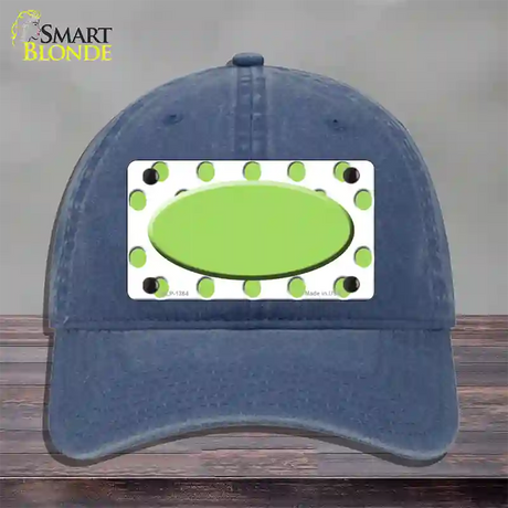 Lime Green White Polka Dot Center Oval Novelty License Plate Hat Unconstructed Cotton / Navy