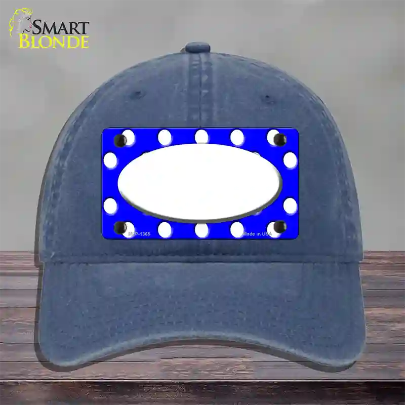 White Royal Blue Polka Dot Center Oval Novelty License Plate Hat Unconstructed Cotton / Navy