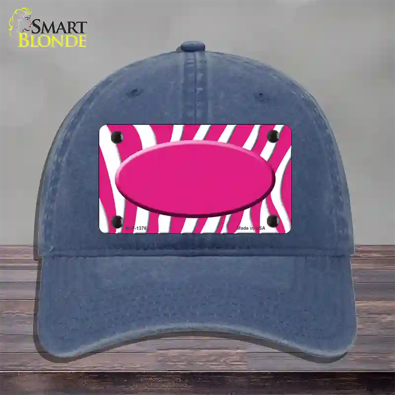 Hot Pink White Zebra Center Oval Novelty License Plate Hat Unconstructed Cotton / Navy