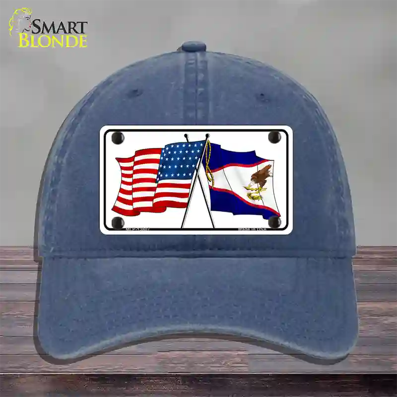 American Samoa USA Crossed Flags Novelty License Plate Hat Tag Unconstructed Cotton / Navy