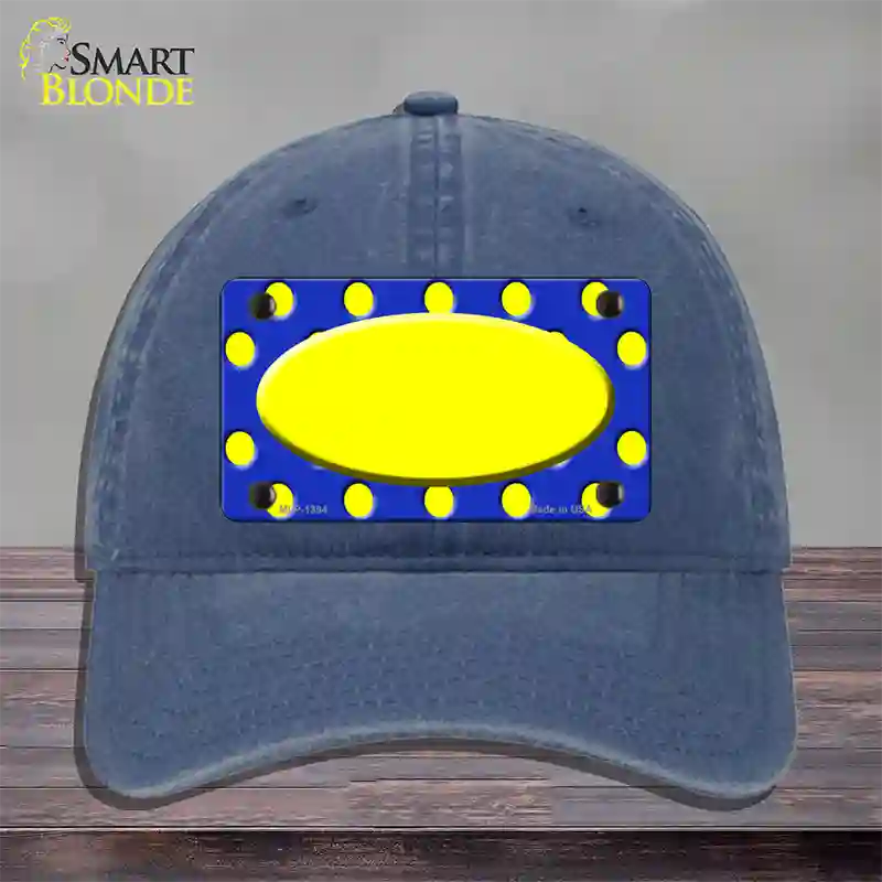 Yellow Royal Blue Polka Dot Center Oval Novelty License Plate Hat Unconstructed Cotton / Navy