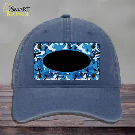 Blue Camo With Black Center Oval Novelty License Plate Hat Unconstructed Cotton / Navy