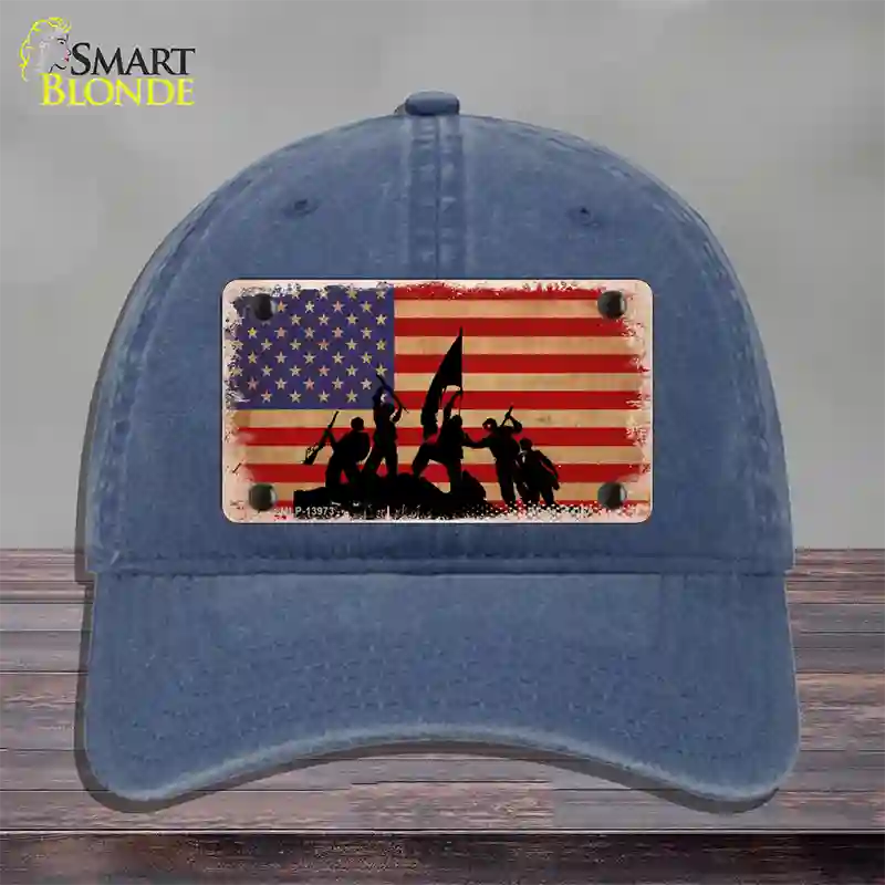 Grunge American Flag with Soldiers Novelty License Plate Hat Tag Unconstructed Cotton / Navy