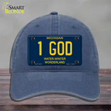 1 God Michigan Blue Novelty License Plate Hat Unconstructed Cotton / Navy