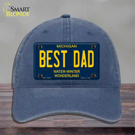 Best Dad Michigan Blue Novelty License Plate Hat Unconstructed Cotton / Navy