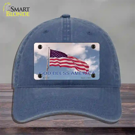 God Bless America Clouds Novelty License Plate Hat Unconstructed Cotton / Navy