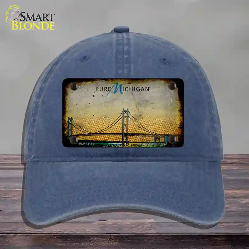 Pure Michigan Mackinac Bridge Rusty Novelty License Plate Hat Unconstructed Cotton / Navy