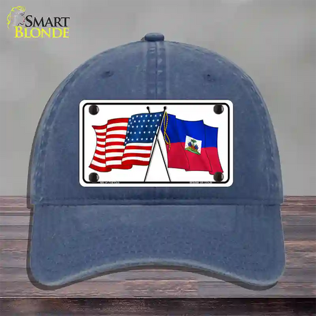 Haiti Crossed US Flag Novelty License Plate Hat Unconstructed Cotton / Navy