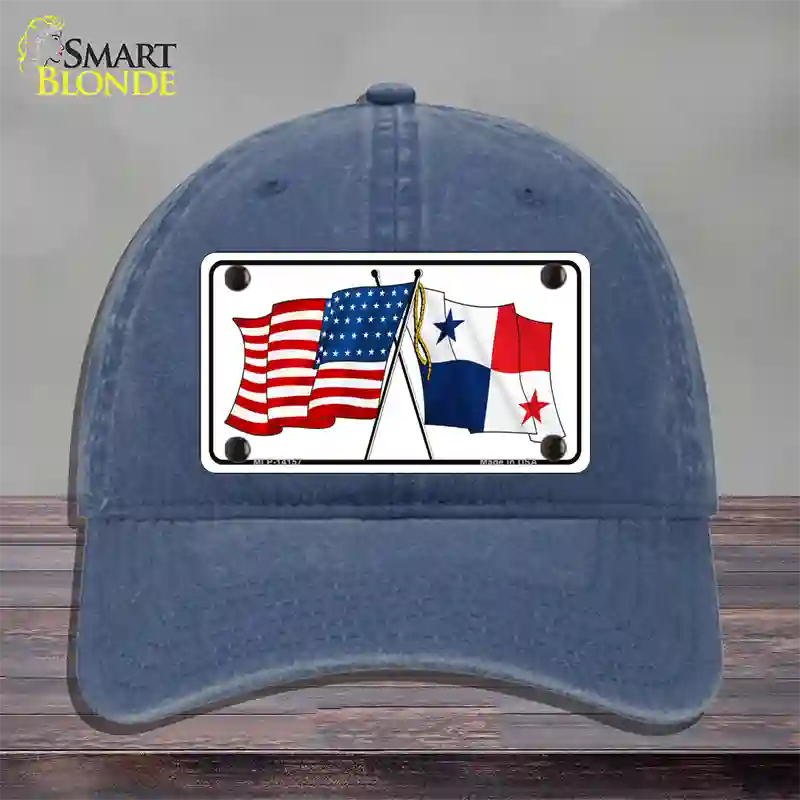 Panama Crossed US Flag Novelty License Plate Hat Unconstructed Cotton / Navy