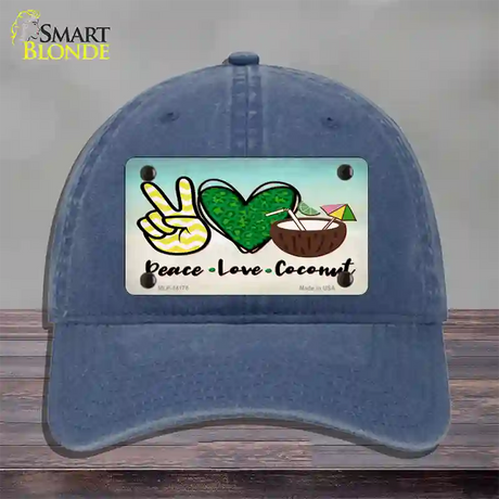 Peace Love Coconut Novelty License Plate Hat Unconstructed Cotton / Navy