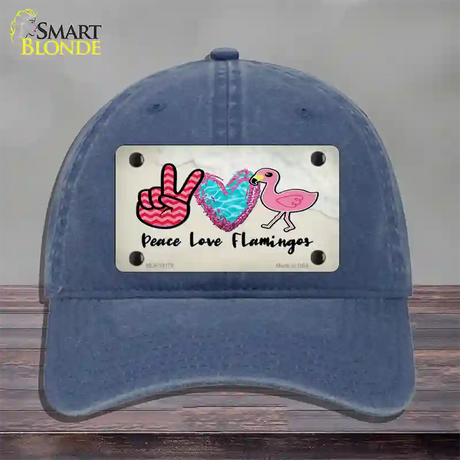 Peace Love Flamingos Novelty License Plate Hat Unconstructed Cotton / Navy