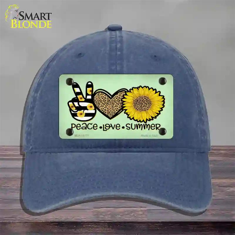 Peace Love Summer Sunflower Novelty License Plate Hat Unconstructed Cotton / Navy