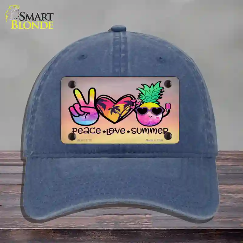 Peace Love Summer Novelty License Plate Hat Unconstructed Cotton / Navy