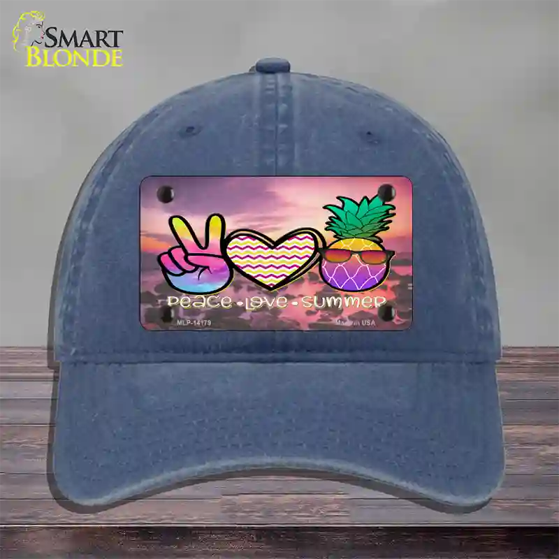 Peace Love Summer Pineapple BeachNovelty License Plate Hat Unconstructed Cotton / Navy