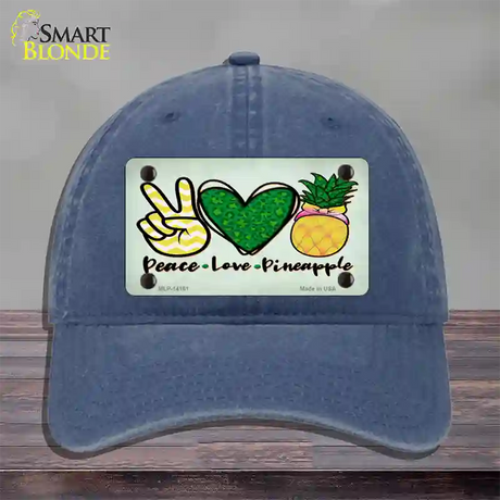 Peace Love Pineapple Novelty License Plate Hat Unconstructed Cotton / Navy