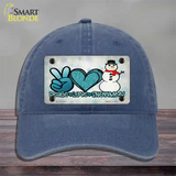 Peace Love Snowman Novelty License Plate Hat Unconstructed Cotton / Navy