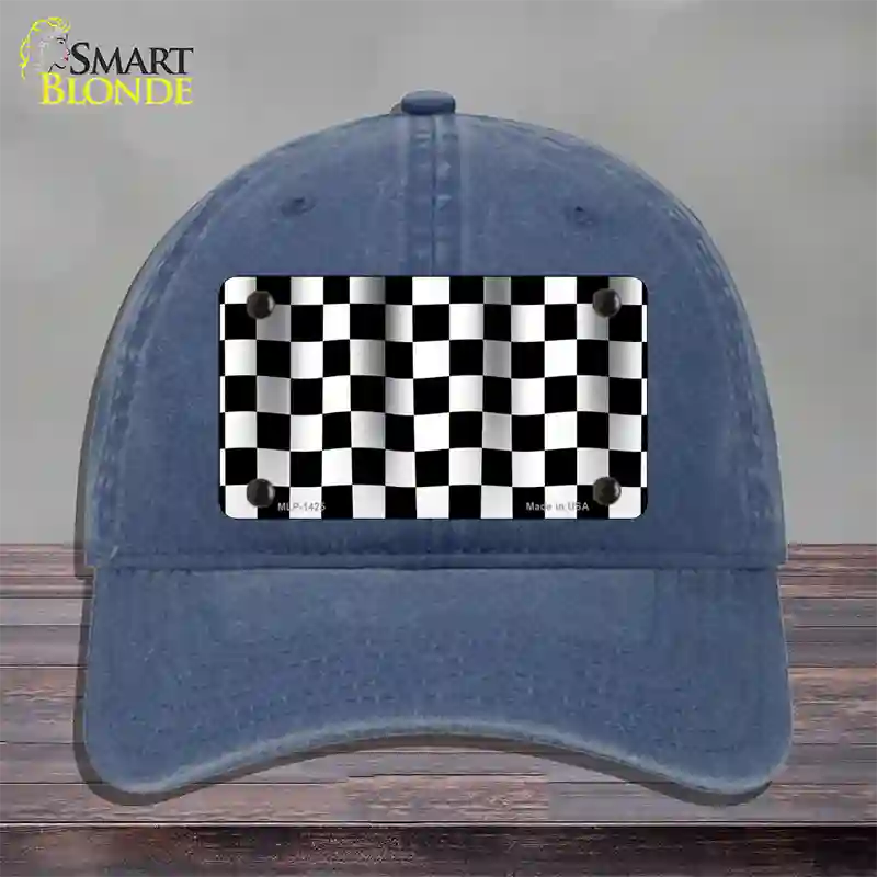 Waving Checkered Flag Novelty License Plate Hat Unconstructed Cotton / Navy