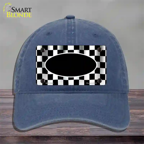 Waving Checkered Flag With Black Center Oval Novelty License Plate Hat Unconstructed Cotton / Navy